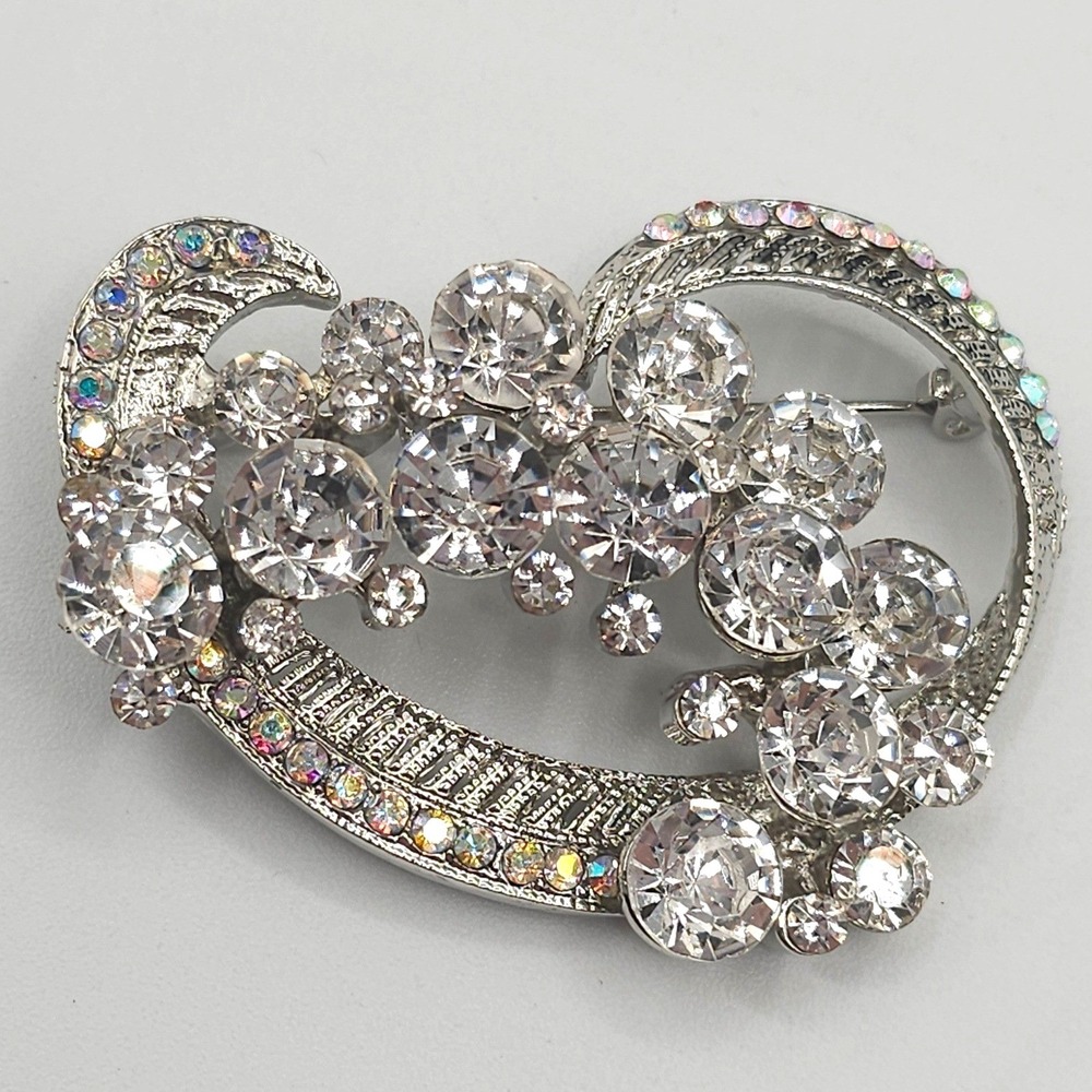 Vtg Rhinestone Spray Brooch Clear Glass AB Silver Tone Old Hollywood Glam 2" Pin